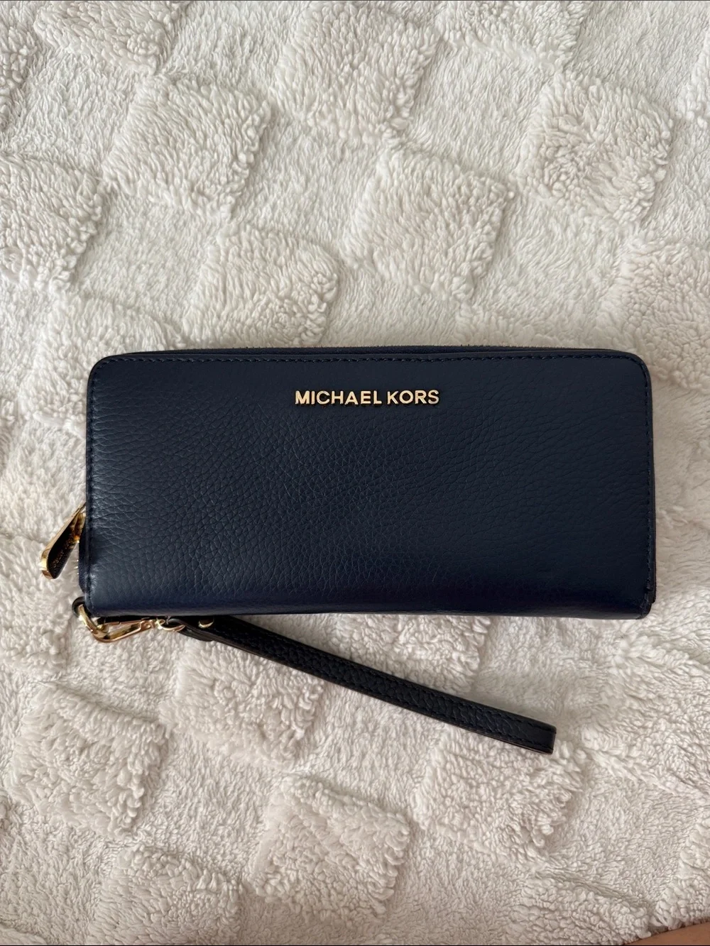 Michael Kors Navy Blue Pebbled Leather Zip Wristlet Wallet with Gold Logo